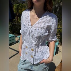 Nanette Lepore White Eyelet Peplum Top